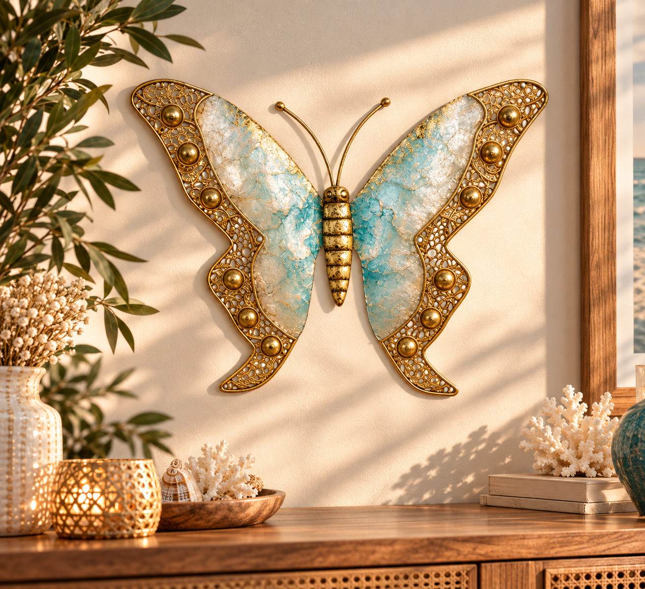 Papillon Mural Doré & Bleu Nacré – Décoration Élégante 31,5 cm