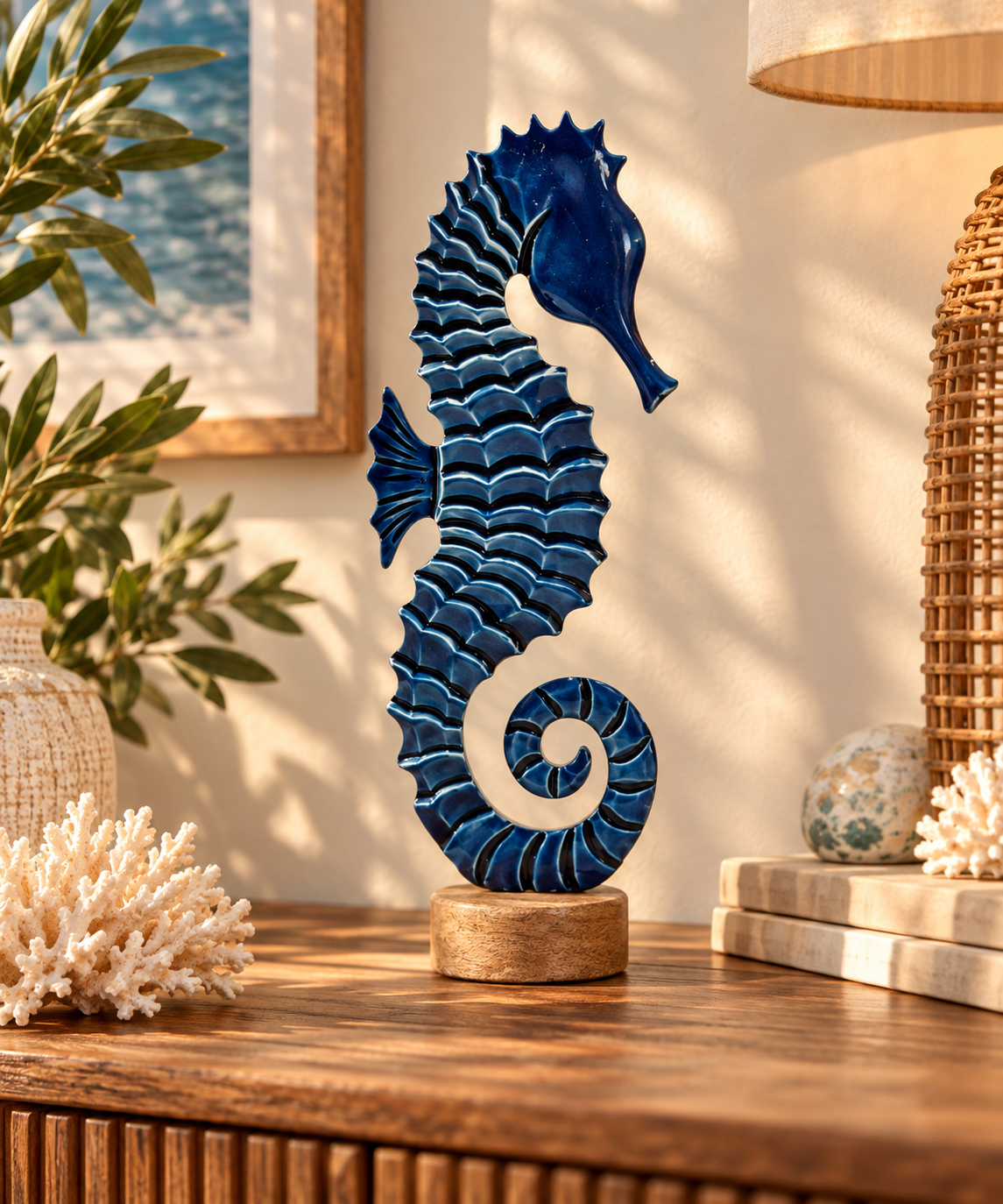 Hippocampe Bleu Océan en Bois de Manguier – Sculpture Décorative 31 cm
