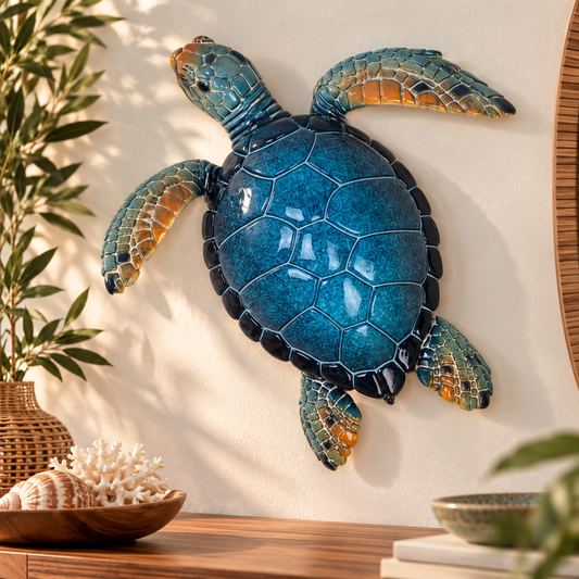 Tortue Marine XXL Bleu Océan – Sculpture Décorative en Résine
