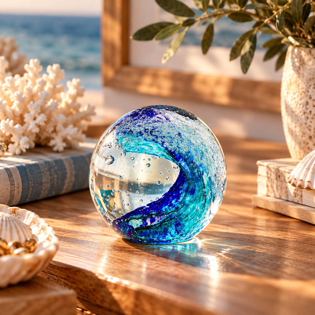 Vague Océan en Verre – Sphère Décorative aux Reflets Bleus
