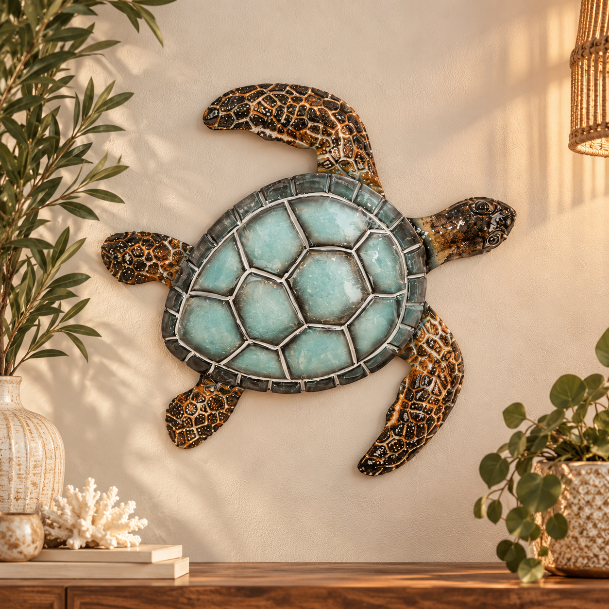 Tortue Marine Murale XXL – Décoration Métallique aux Reflets Turquoise