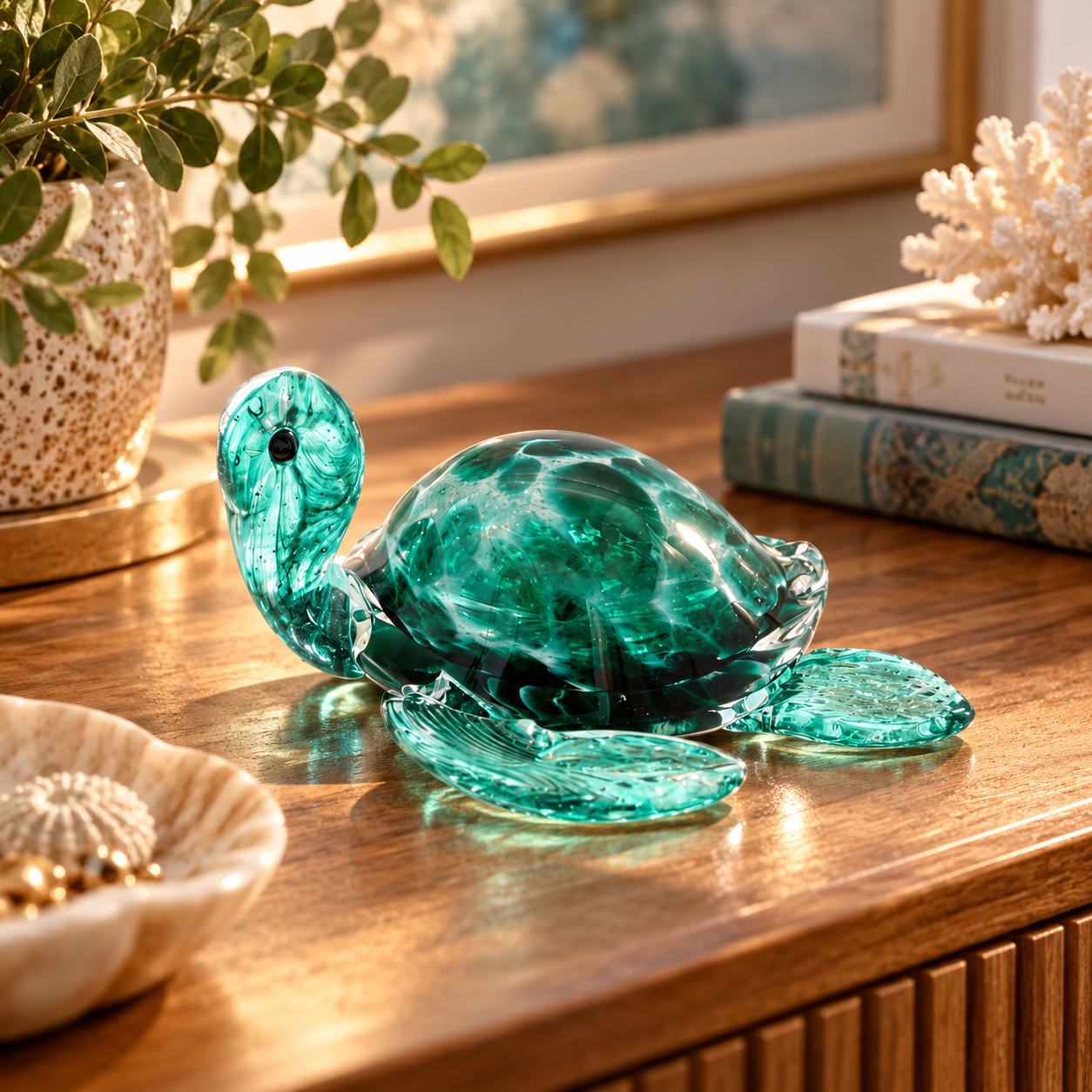 Tortue Marine en Verre Turquoise – Sculpture Décorative d'Exception