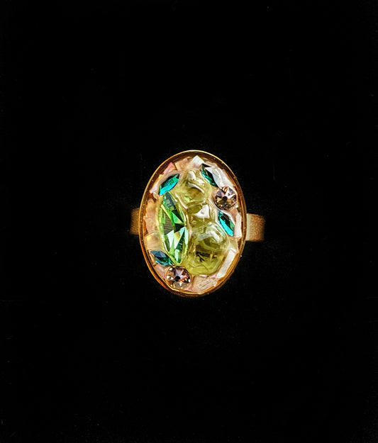 Bague M réglable en acier inoxydable – Cristal, nacre & coquillage – Pièce unique