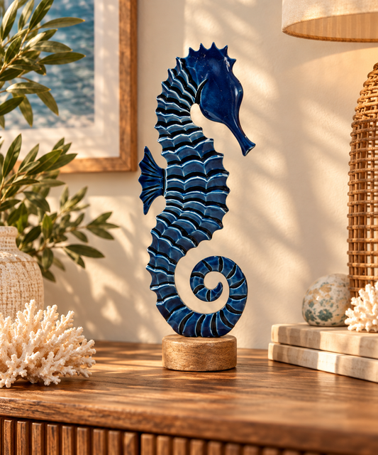 Hippocampe Bleu Océan en Bois de Manguier – Sculpture Décorative 31 cm