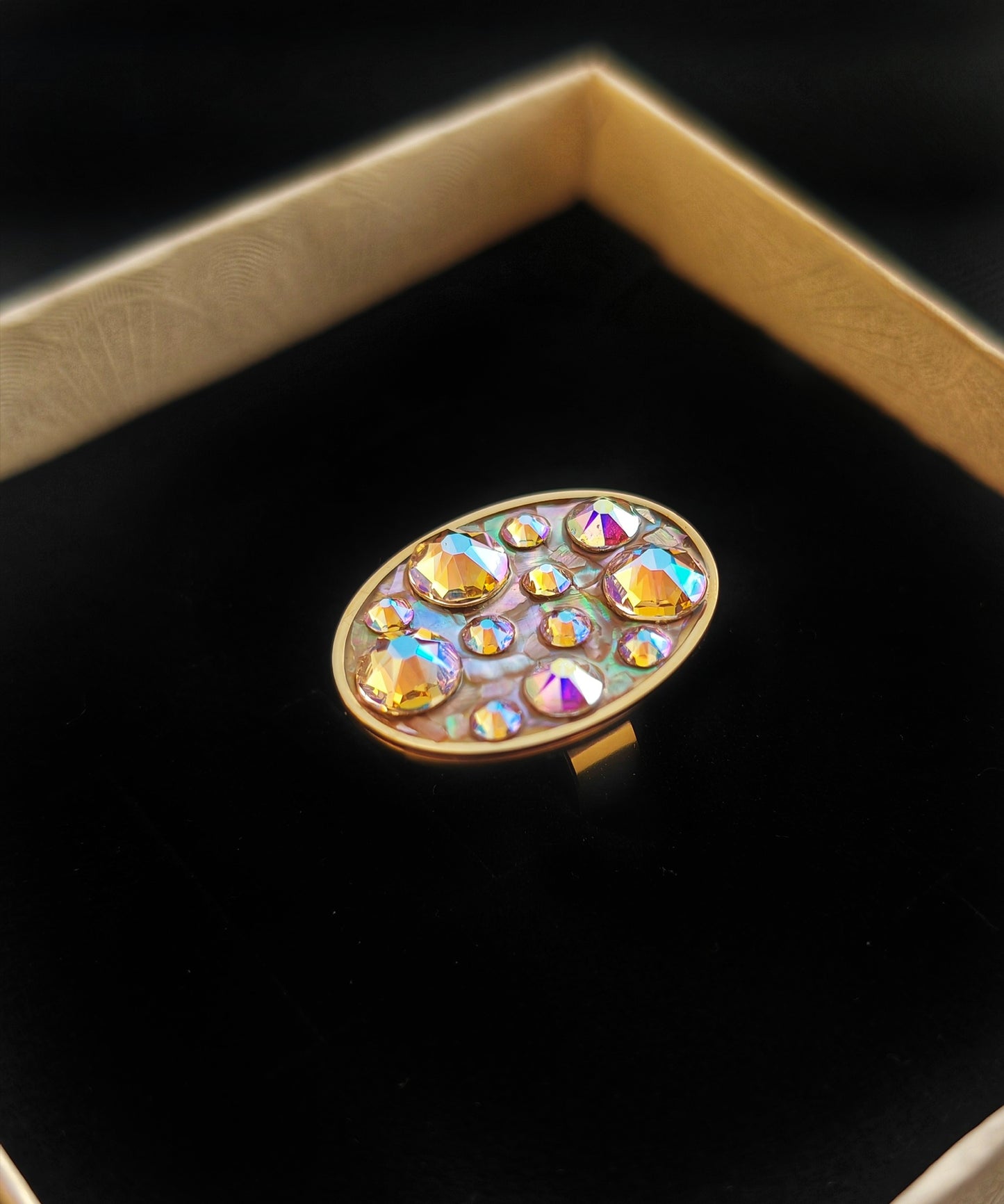 Bague L réglable en acier inoxydable – Cristal, nacre & coquillage – Pièce unique